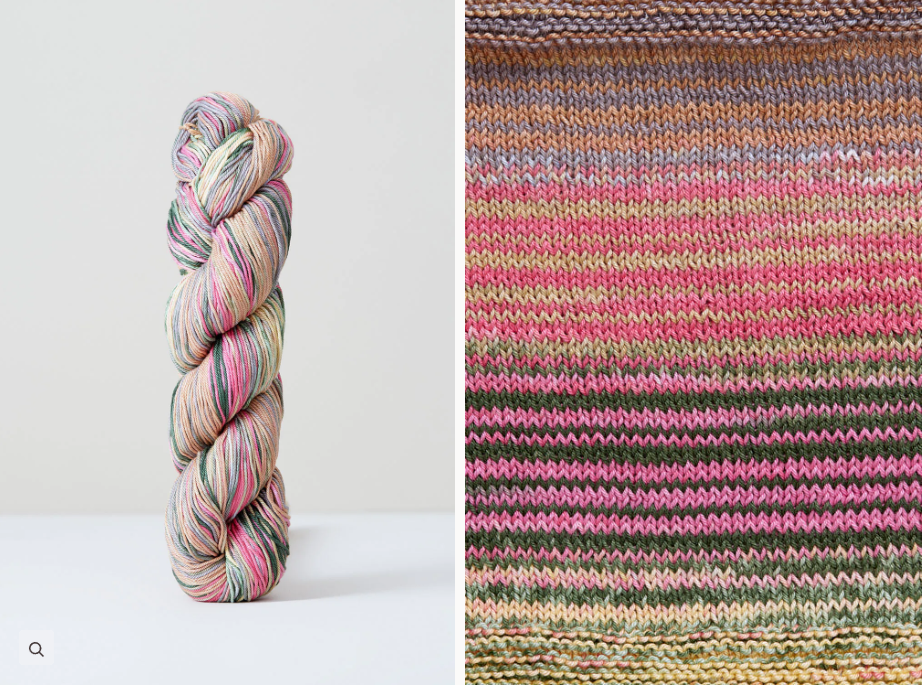 Color 1078: a hand-dyed skein of self striping cotton yarn with pink, green, white, and purple shade