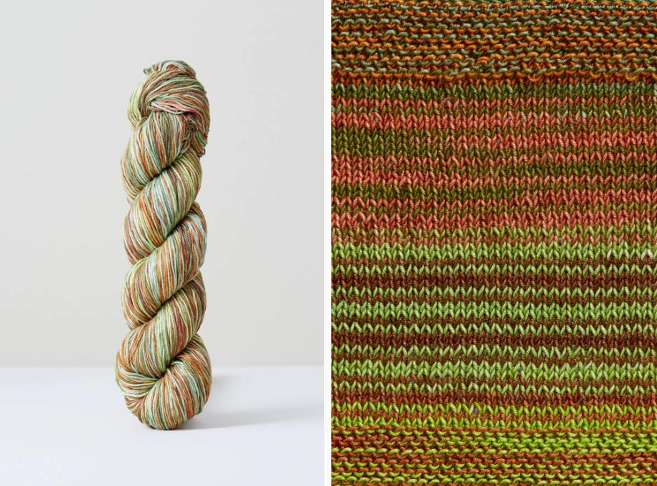 Color 1080: a hand-dyed skein of self striping cotton yarn with green, yellow, coral, and white shade