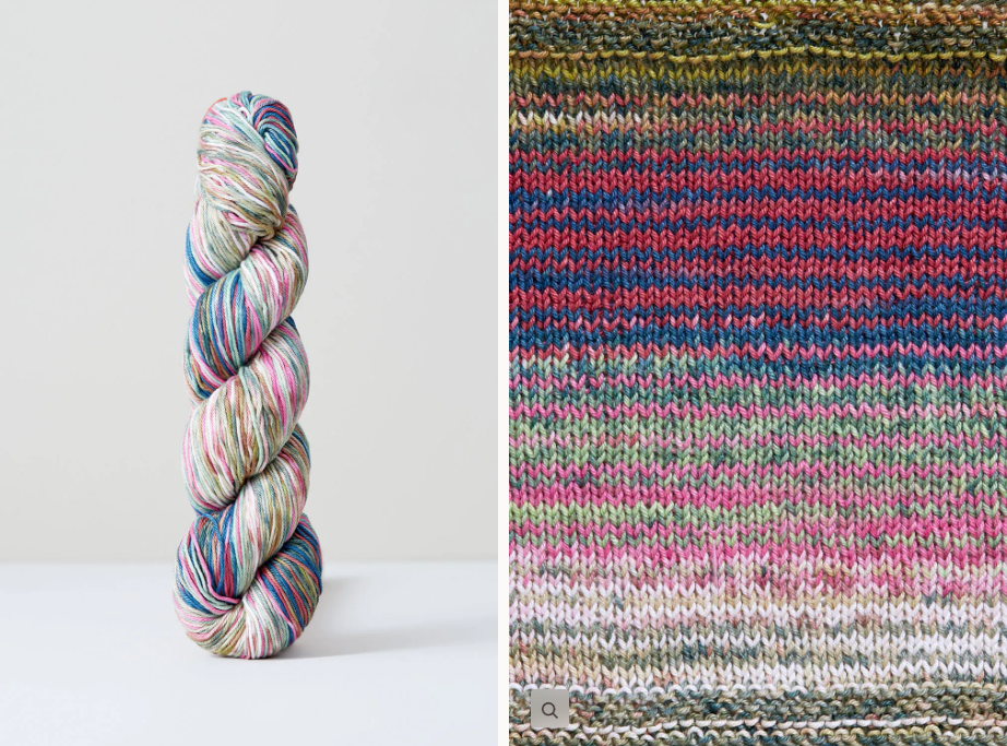 Color 1082: a hand-dyed cotton yarn that works into stripes of pink, tan, pale green, & navy.