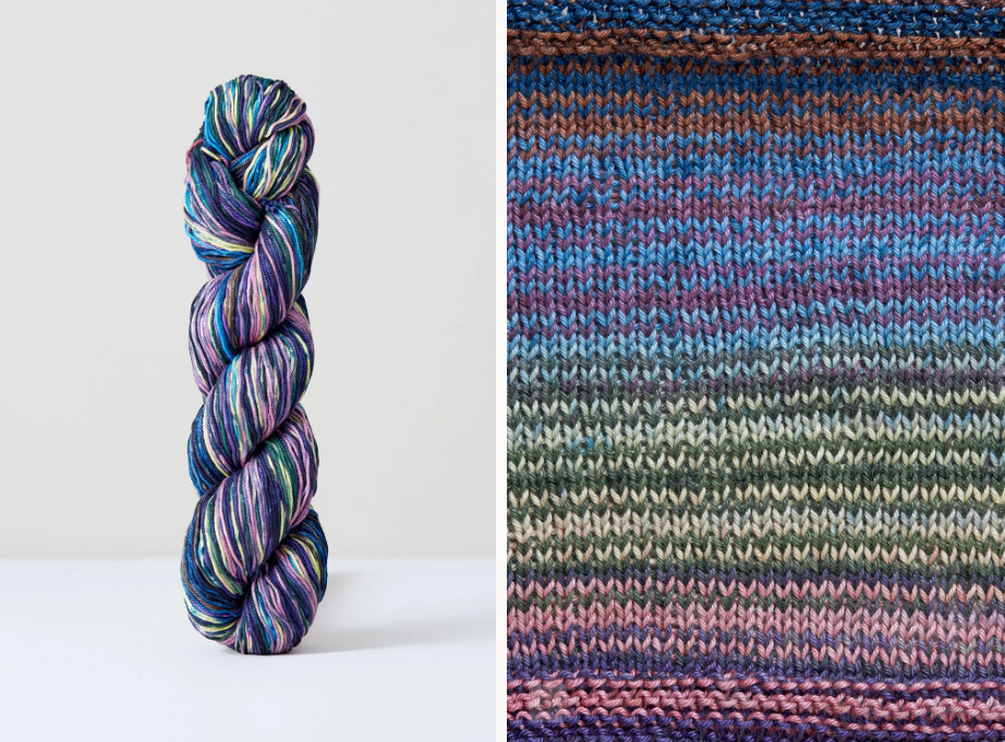 Color 1083: a hand-dyed skein of self striping cotton yarn with green, yellow, purple, blue, & pink