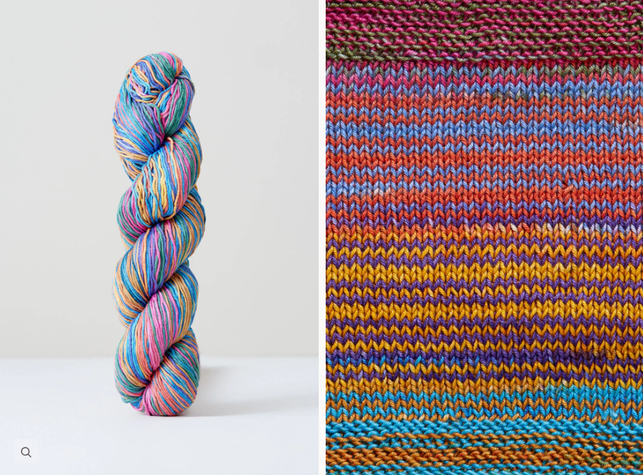 Color 1085: a hand-dyed skein of self striping cotton yarn with blue, pink, purple, and yellow