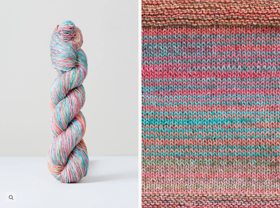 Color 1088: a hand-dyed cotton yarn that works up into stripes of blue, orange, pink, and grey.