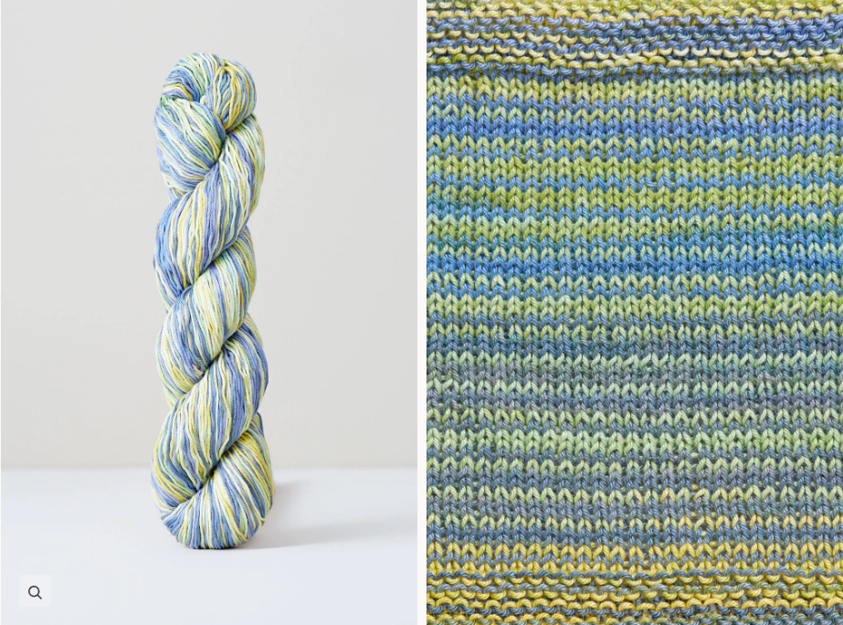 Color 1090: a hand-dyed cotton yarn with stripes of blue, pale mint, yellow, & off-white.