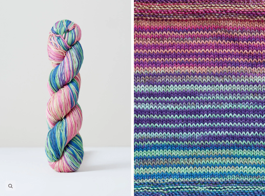 Color 1091: a hand-dyed cotton yarn that works up into stripes of pinks, purples, greens, and blues.