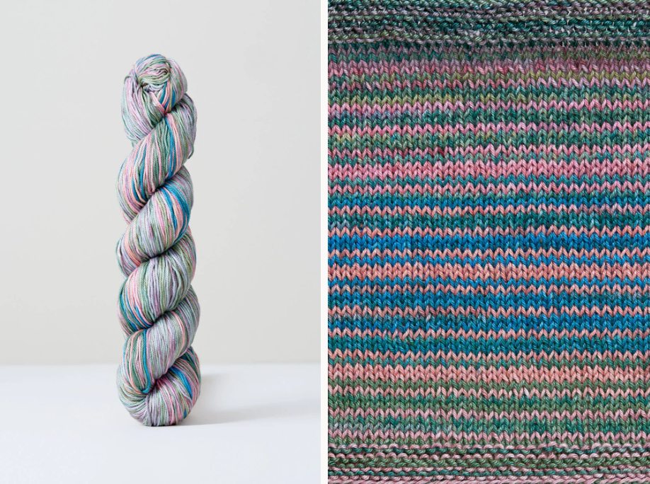 Color 1092: a hand-dyed cotton yarn that works up into stripes of pinks, greys, and blues.