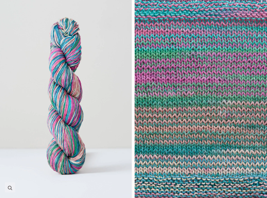 Color 1093: a hand-dyed cotton yarn with stripes of purple, blue, green, pink, and grey.