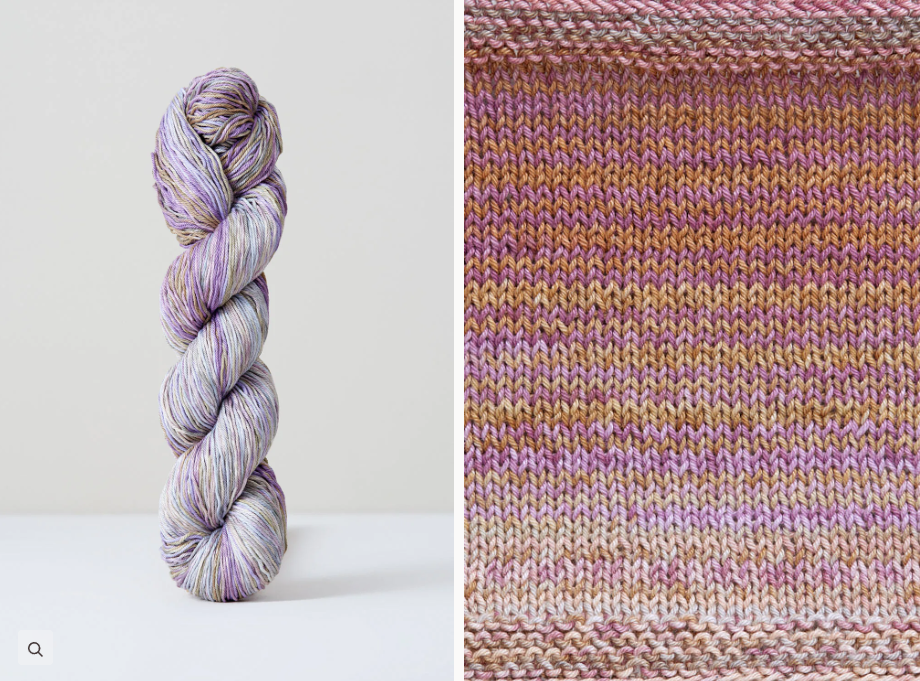 Color 1094: a hand-dyed cotton yarn that works up into stripes of purples, yellows, and greys.