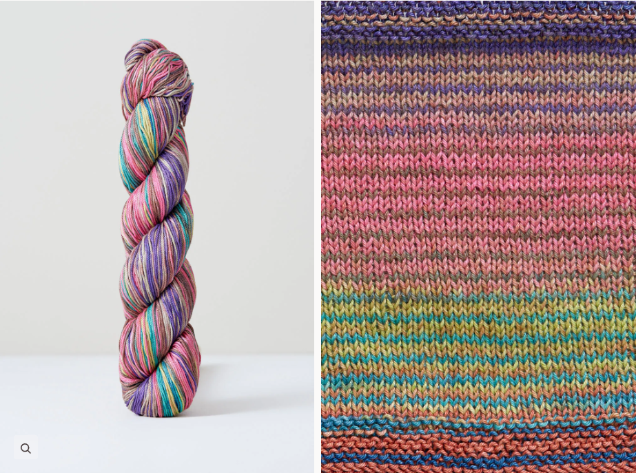 Color 1095: a hand-dyed cotton yarn with stripes of pinks, browns, purples, yellows, greens, & greys