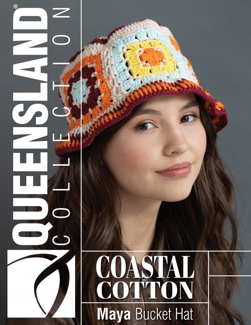 Woman wearing a crocheted bucket hat.