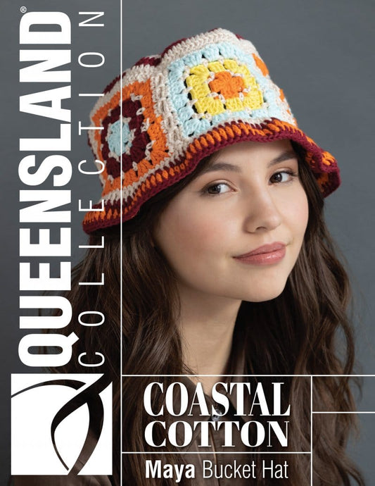 Woman wearing a crocheted bucket hat.
