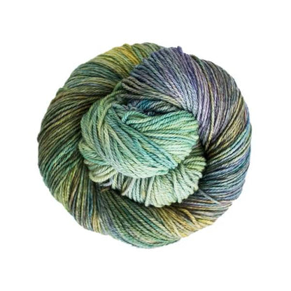 Ball of green and blue variegated yarn.