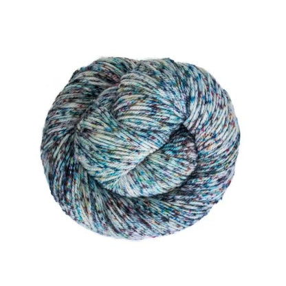 Ball of blue, teal, and white speckled yarn.
