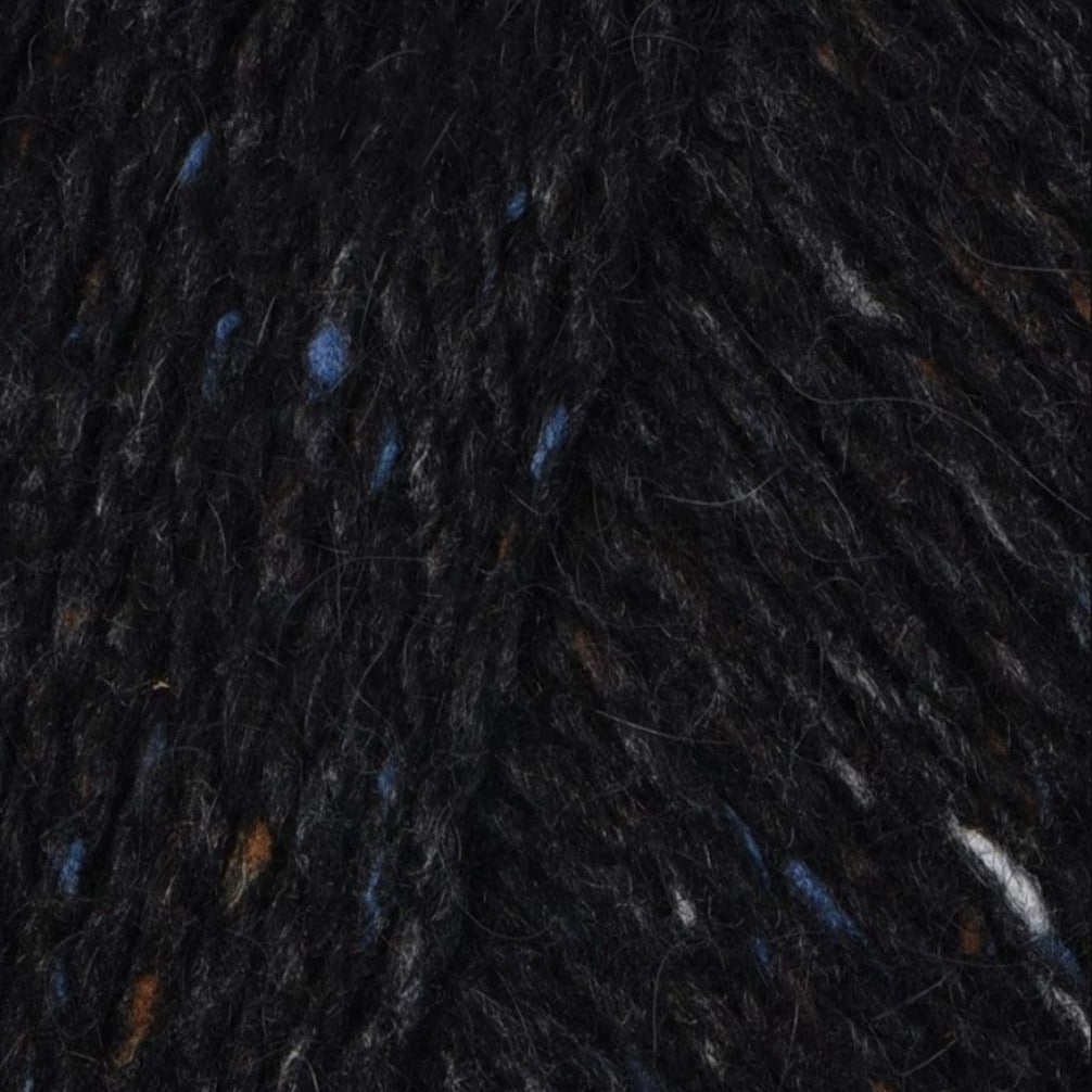 Black 211: A heathered tweed yarn in a dark black color with flecks of orange, blue and white.