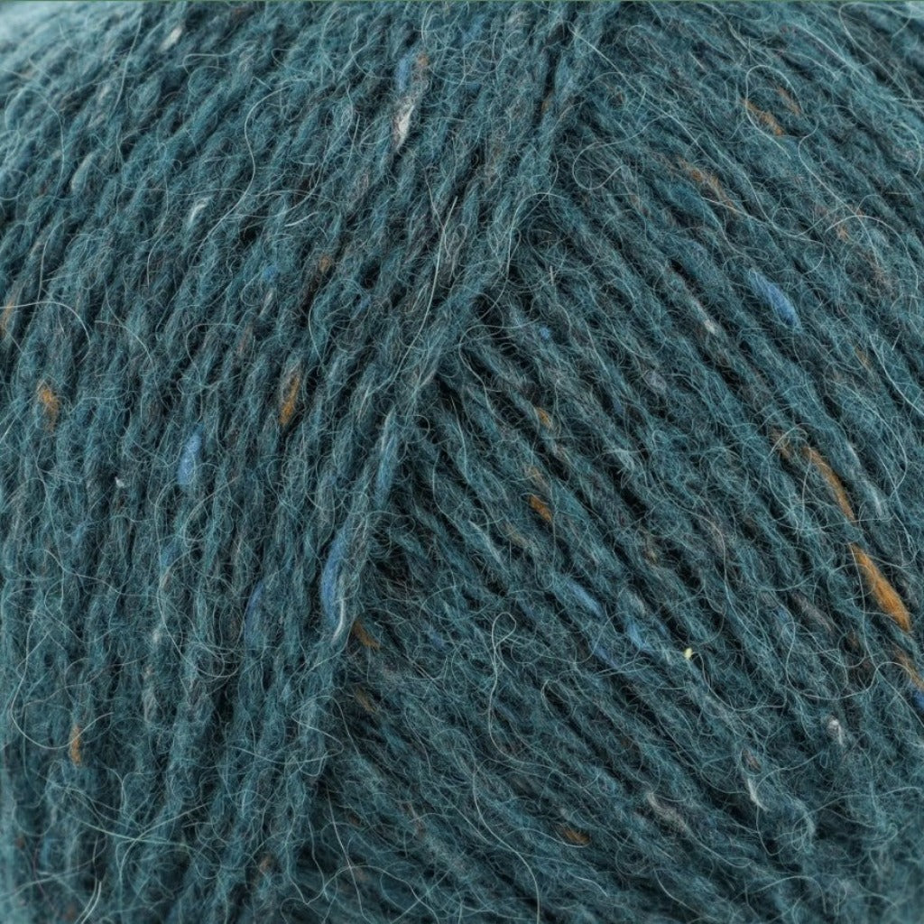 Bottle Green 207: A heathered tweed yarn in a muted teal color with flecks of orange and blue.