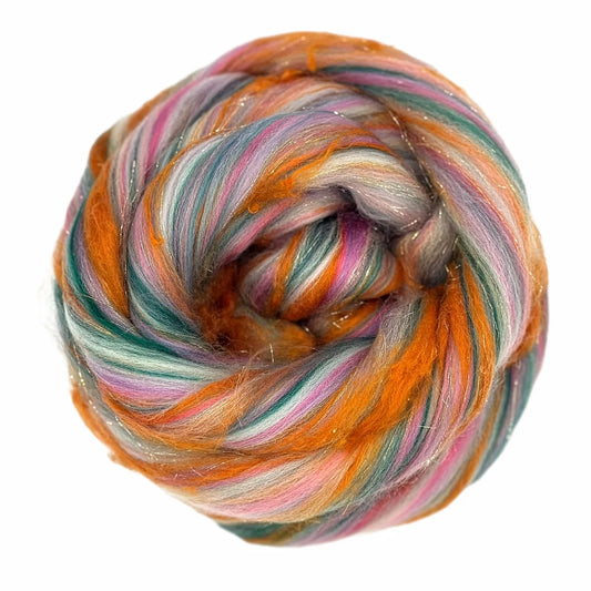Carnival Gem Merino, Bamboo, Stellina, & Sari Silk Roving Blend | Paradise Fibers