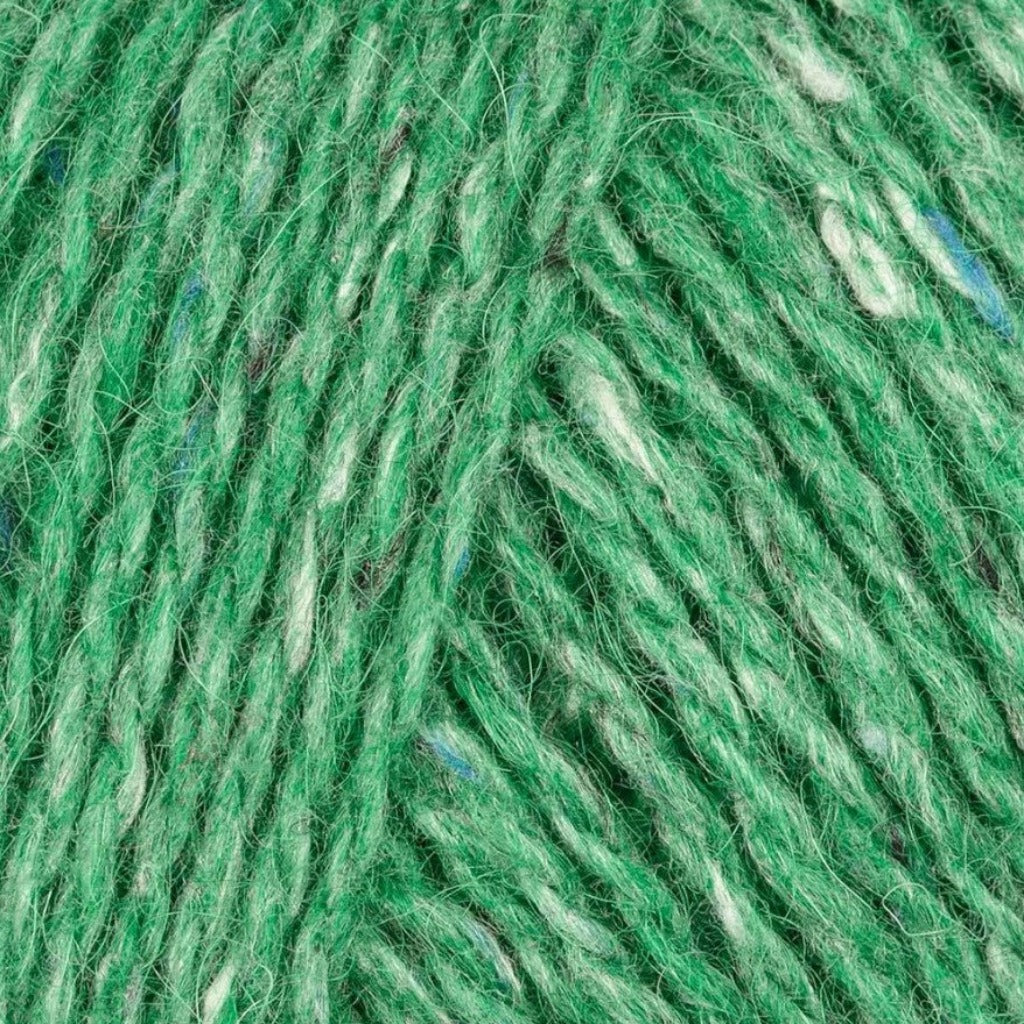 Electric Green 203: A heathered tweed yarn in a bright green color with flecks of blue and white.