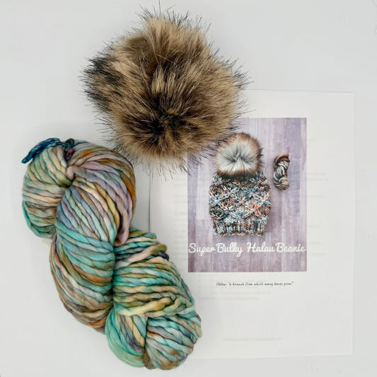 Malabrigo Rasta Halau Beanie Kit color Amphibian/Coco Pom