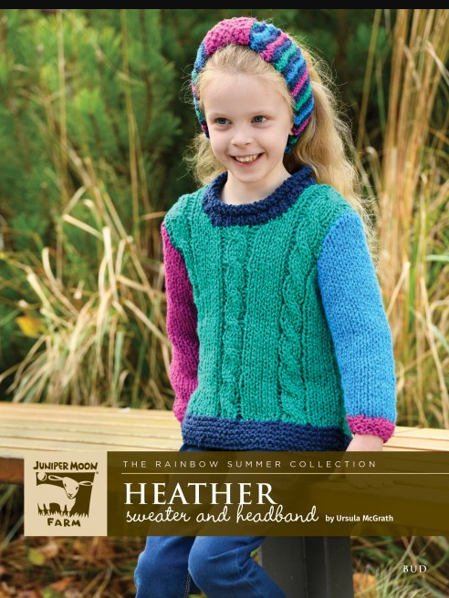 Juniper Moon Heather sweater and headband, girl wearing colorful knit set.
