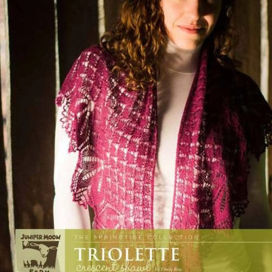 Juniper Moon Triolette Crescent Shawl worn by woman