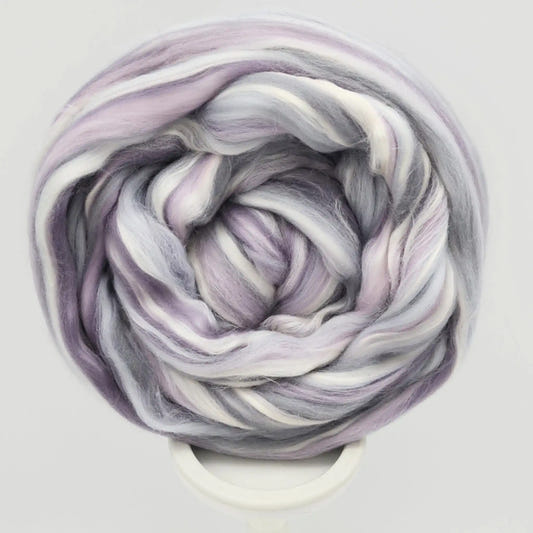 Lenore merino and eri silk spinning top in misty lavender, grey, white and violet