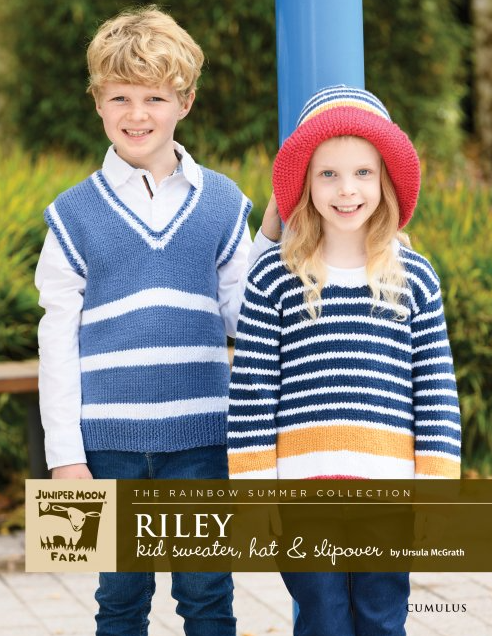 Riley kid's sweater, hat, and slipover pattern photo