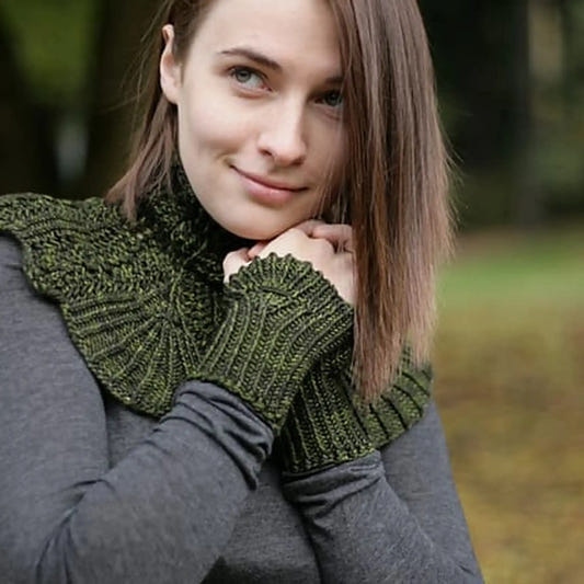 Woman wearing Sublimity cowl and cuffs