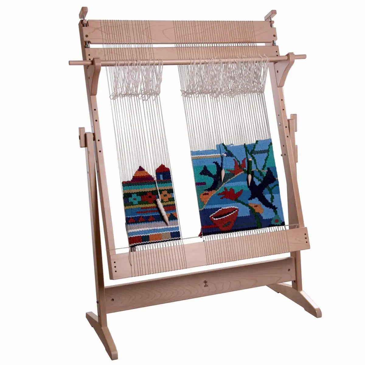 Wooden weaving loom with colorful woven patterns on a white background