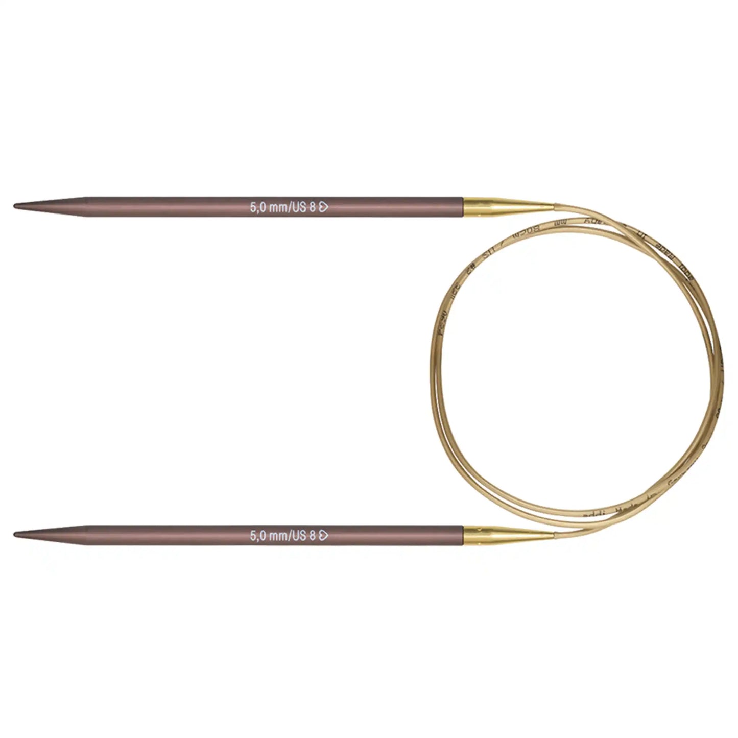 Addi Mystic Rocket Knitting Needles with gold circular cables and anodized purple tips on a white background