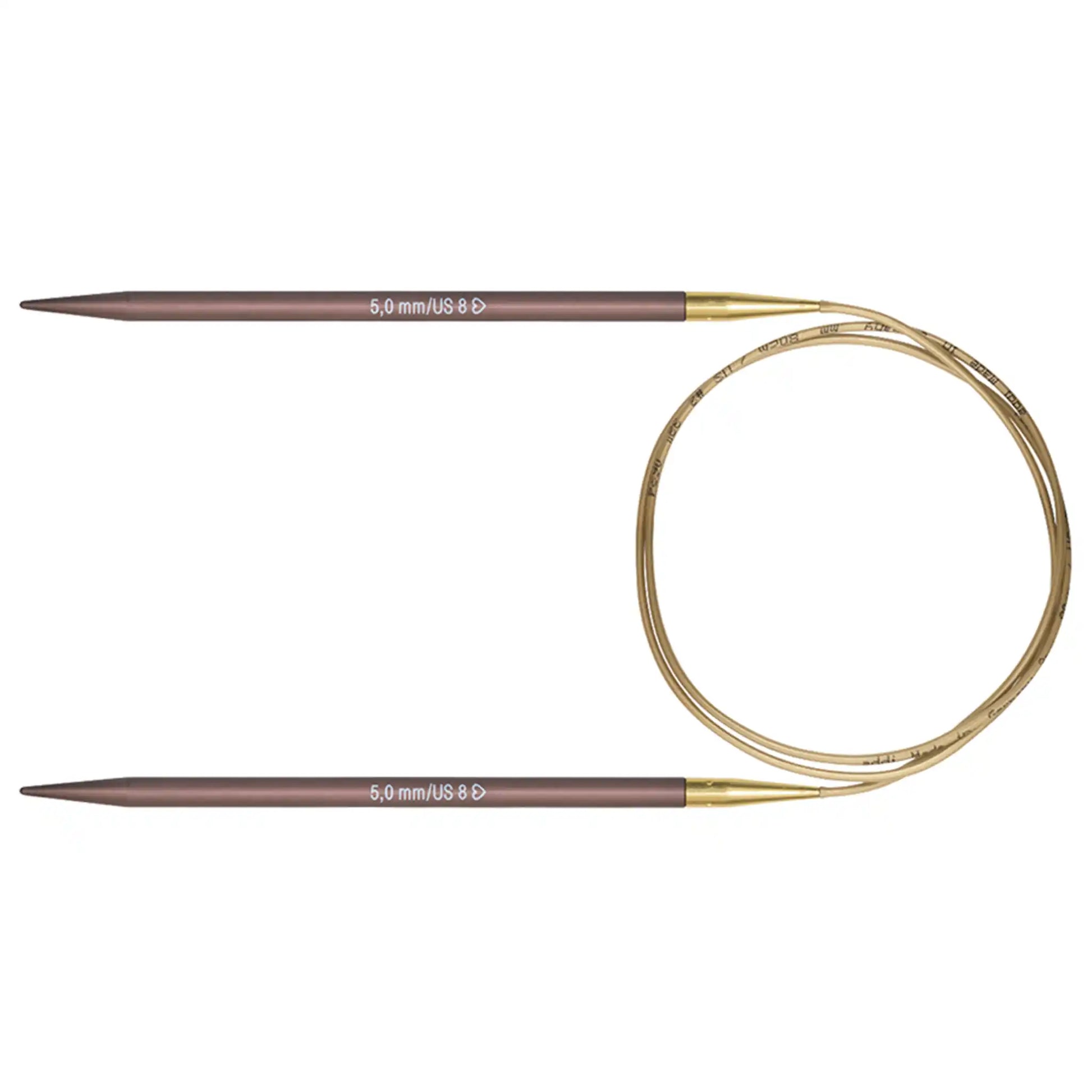 Addi Mystic Rocket Knitting Needles with gold circular cables and anodized purple tips on a white background