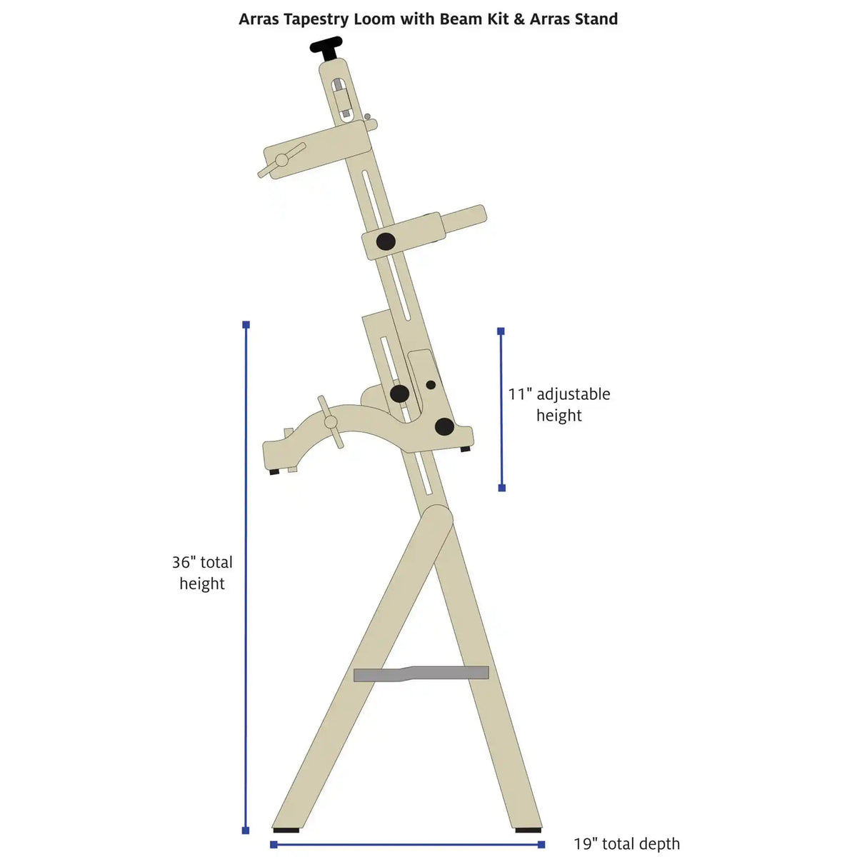 Arras Stand dimensions with loom and Beam Kit: 36 In total height, 11 In height adjustment, 19 In depth