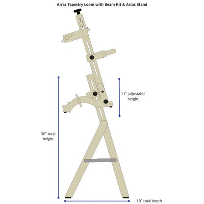 Arras Stand dimensions with loom and Beam Kit: 36 In total height, 11 In height adjustment, 19 In depth