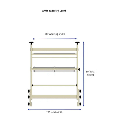 Arras Tapestry Loom dimensions: 20 In weaving width, 27 In total width, 30 In total height