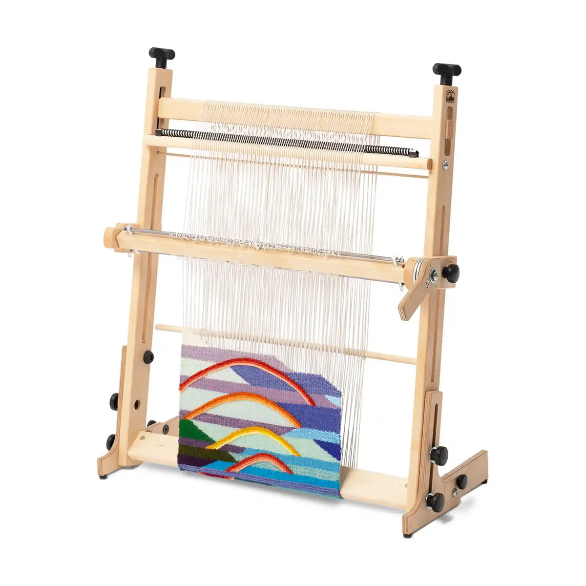 Schacht Arras Tapestry Loom warped with a tapestry in progress, angled view