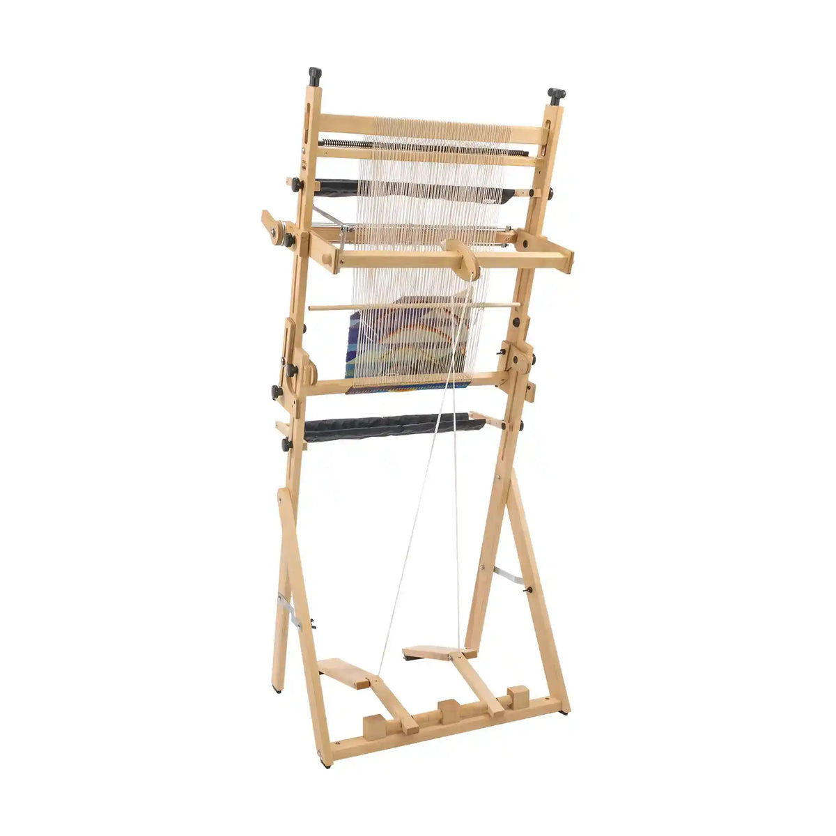 Arras loom on the Stand with the Treadle Kit, back angle view showing the treadles