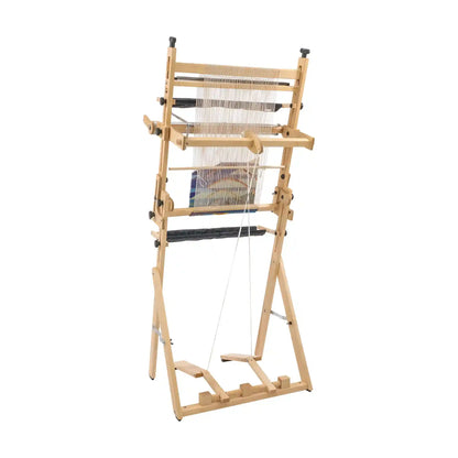 Arras loom on the Stand with the Treadle Kit, back angle view showing the treadles