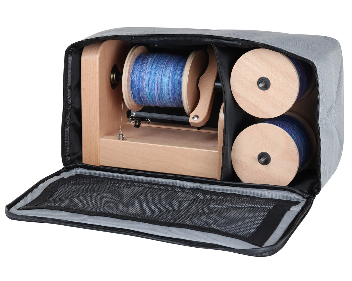 Ashford e-Spinner 3 Carry Bag open with the e-Spinner and bobbins inside