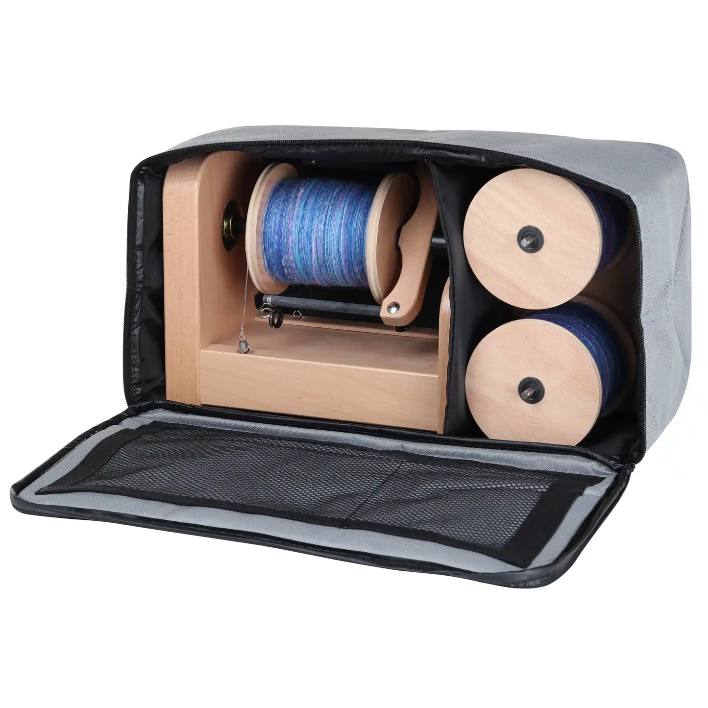 Ashford e-Spinner 3 in its grey padded carry bag with the flap open, a blue-filled bobbin on the flyer and two spare bobbins in the divided end compartment
