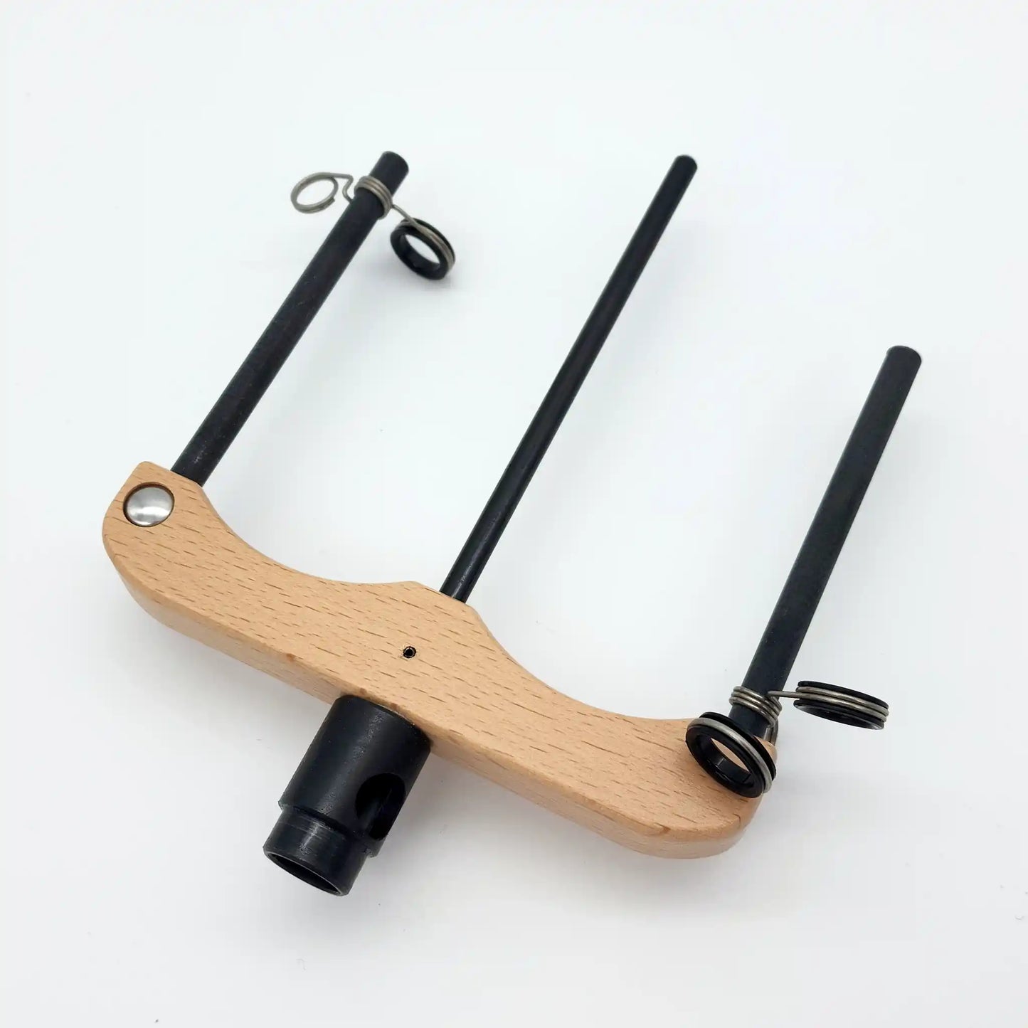 Ashford e-Spinner 3 Flyer: wooden arm, steel arms with sliding yarn guides, and black mounting collar