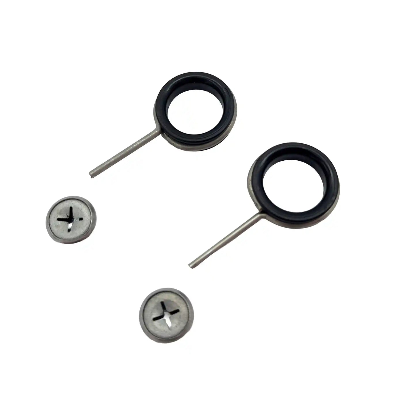 Ashford E-Spinner 3 Yarn Guides and Dome Caps set: 2 metal yarn guides with rubber rings, 2 silver dome caps