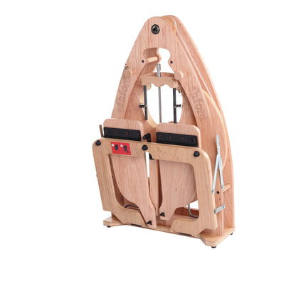 Ashford Joy 2 Spinning Wheel, double treadle, folded for transport