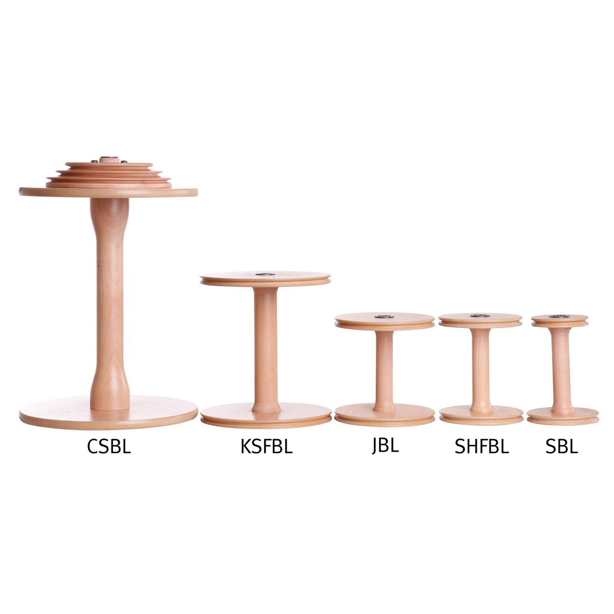 Ashford bobbin sizes side by side: Country Spinner, Kiwi Super Flyer, Jumbo, Sliding Hook and Standard
