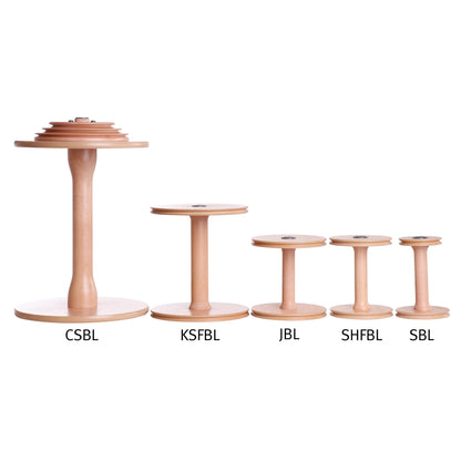 Ashford bobbin sizes side by side: Country Spinner, Kiwi Super Flyer, Jumbo, Sliding Hook and Standard