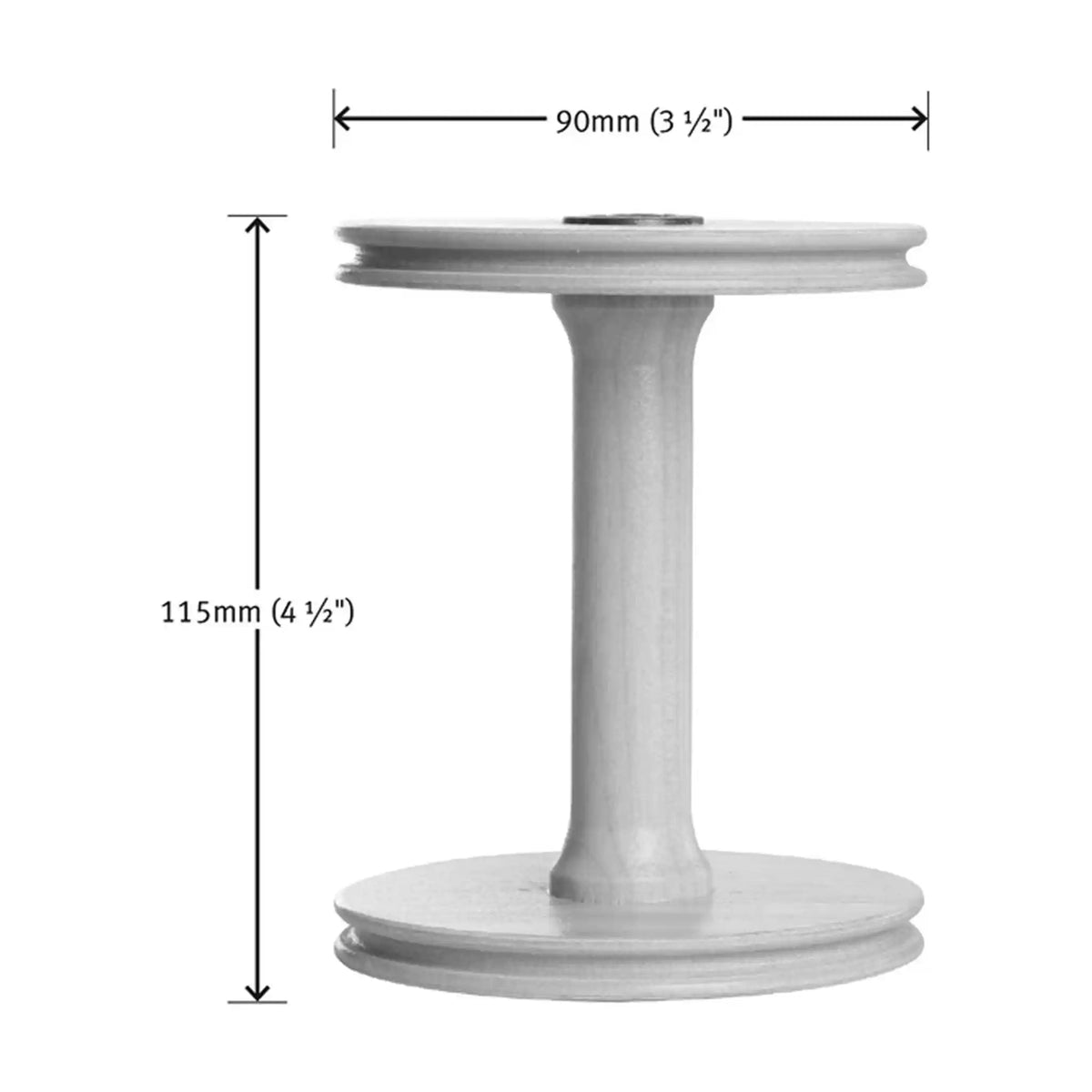 Ashford single drive Sliding Hook Flyer Bobbin dimensions, 90mm (3 1/2 In) across the end, 115mm (4 1/2 In) tall