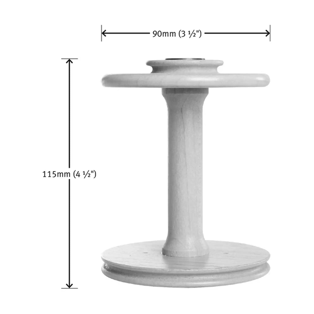 Ashford double drive Sliding Hook Flyer Bobbin dimensions, 90mm (3 1/2 In) across the end, 115mm (4 1/2 In) tall