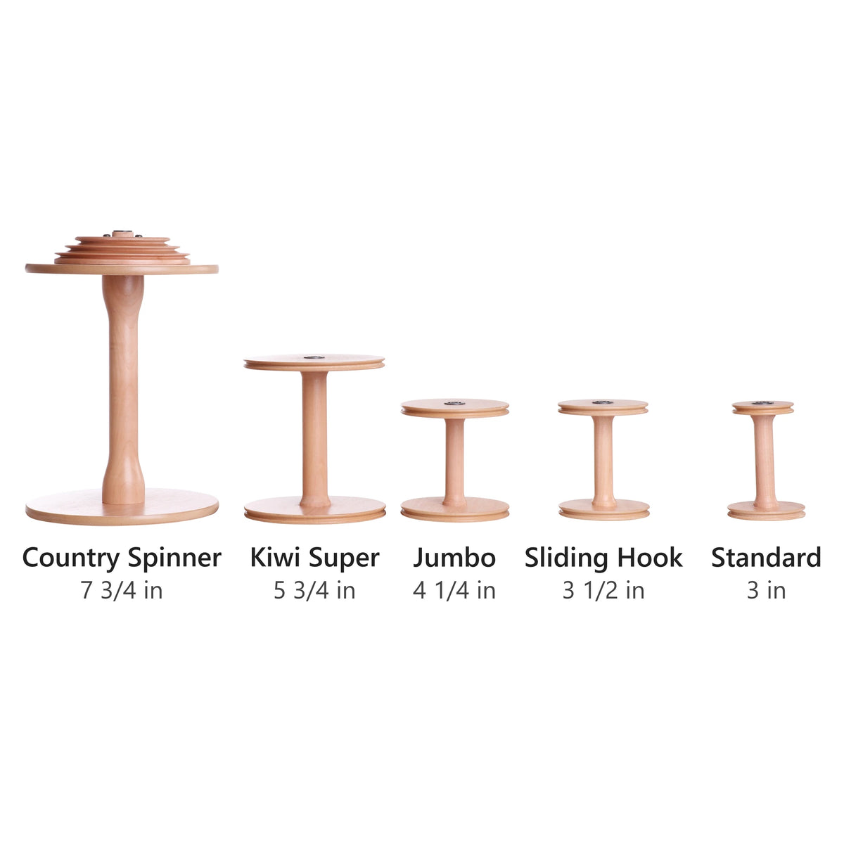Ashford bobbin sizes side by side, Country Spinner, Kiwi Super, Jumbo, Sliding Hook and Standard, with their end sizes