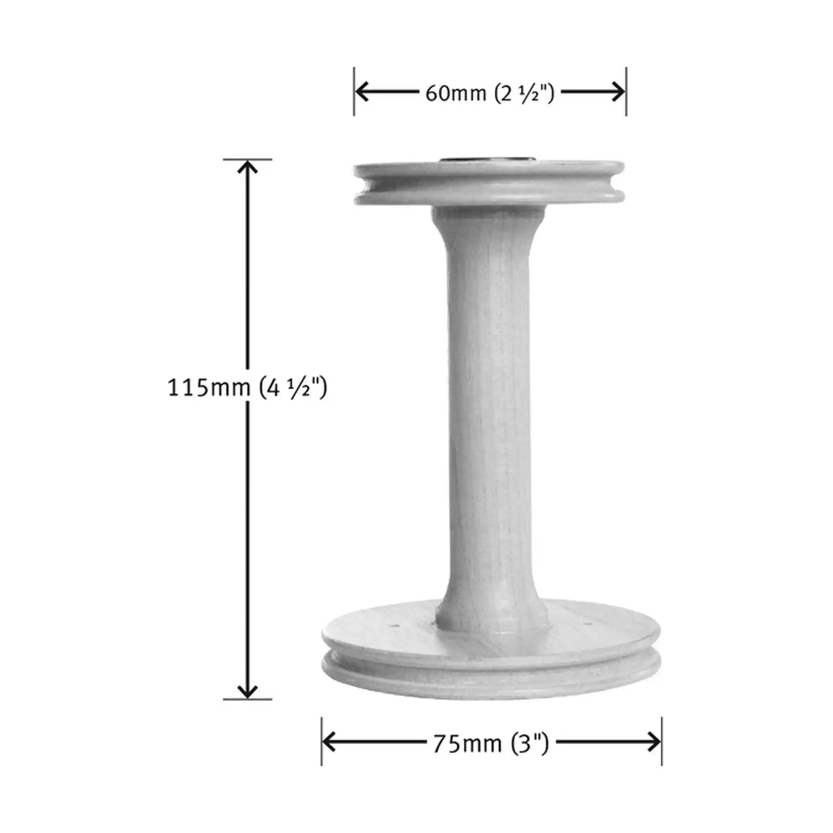 Ashford single drive Standard Bobbin dimensions, 115mm (4 1/2 In) tall, 75mm (3 In) across the end