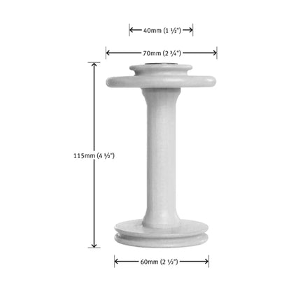 Ashford double drive Standard Bobbin dimensions, 115mm (4 1/2 In) tall, 70mm (2 3/4 In) across the whorl end