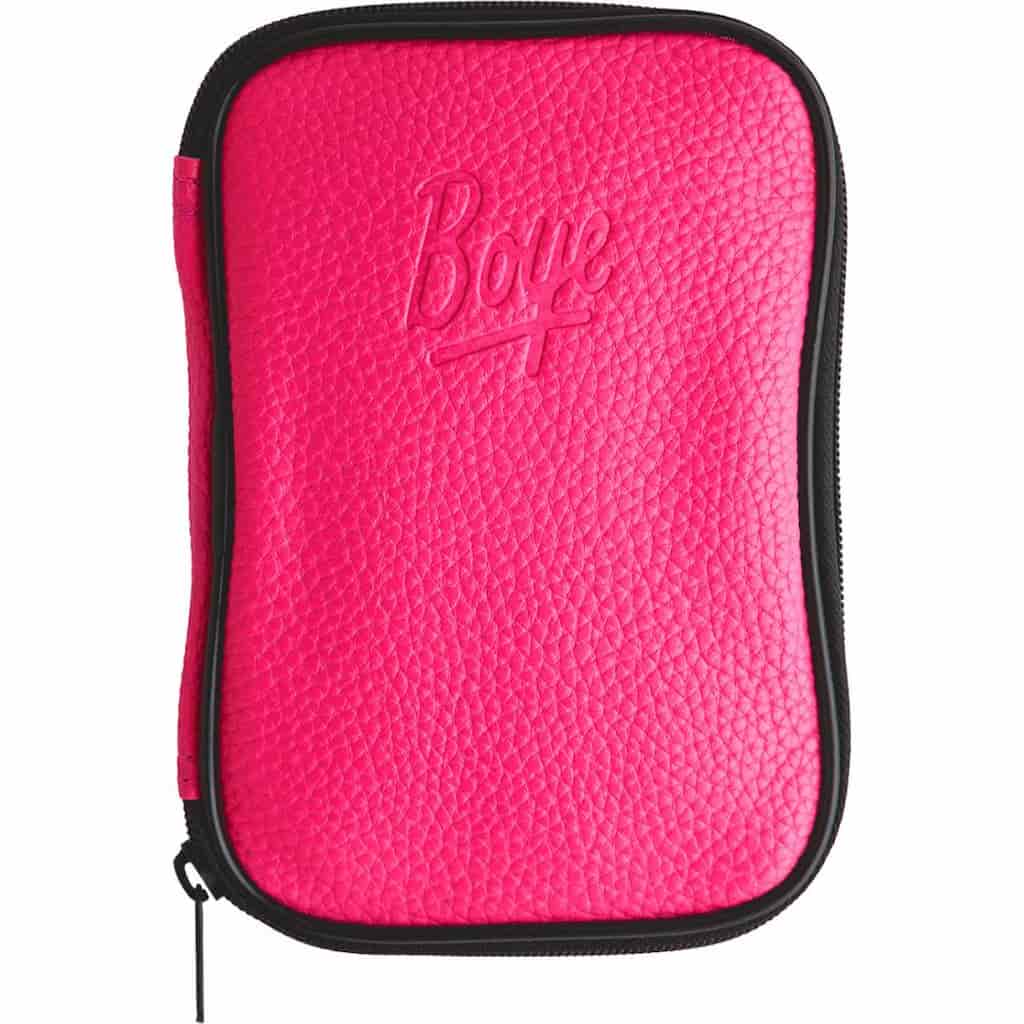 A small pinkish-red zippered scale canvas bag with the word Boye on the front.