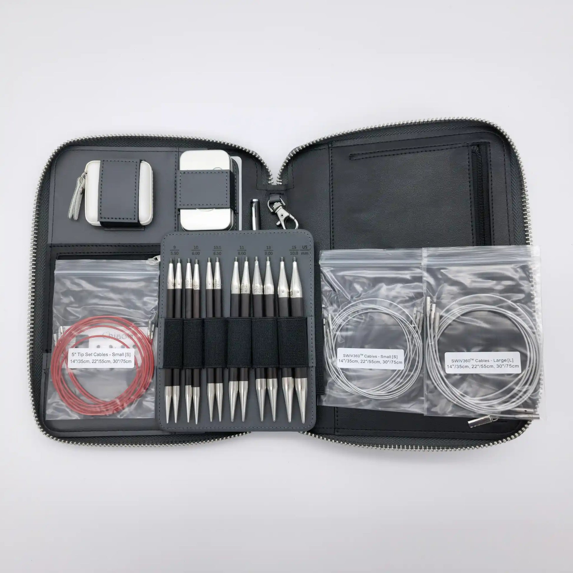 African Blackwood large tips US 9 to 15 with red TWIST and silver SWIV360 cables in the open ChiaoGoo Forté 2.0 case