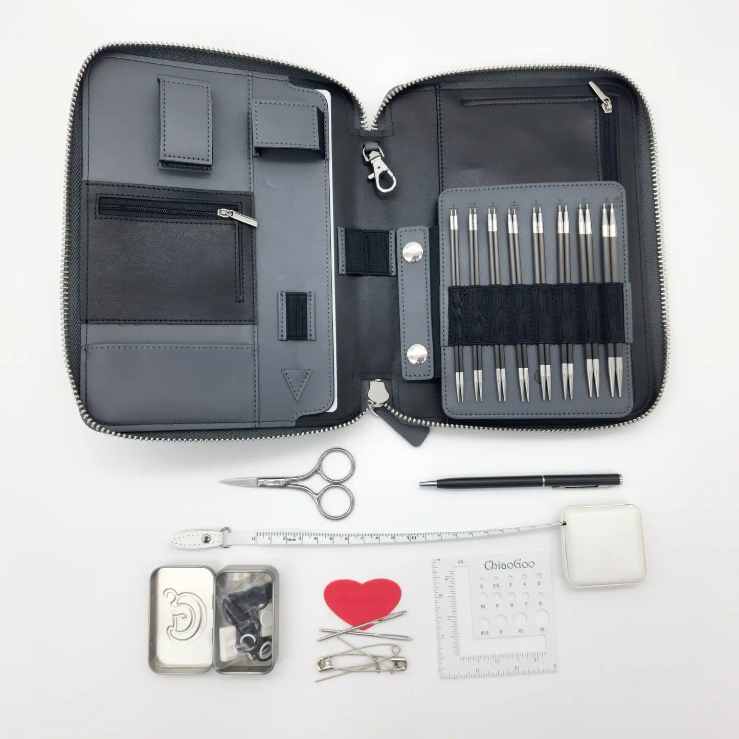 ChiaoGoo Forté 2.0 set laid out on white with the open case, needle tips, cables, scissors, tape measure and gauge